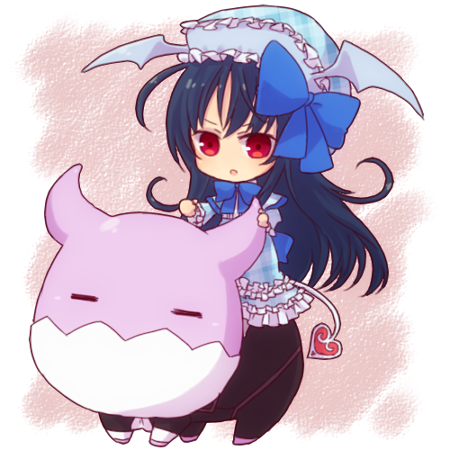 1girl, black_hair, blue_dress, blue_hat, blue_ribbon, chibi, dress, emil_chronicle_online
