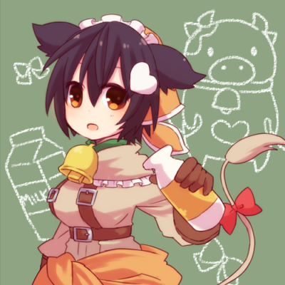 1girl, bandana, bell, black_hair, bottle, breasts, brown_gloves, capelet, clothes_around_waist, cow_girl, cow_tail, cowbell, dress, emil_chronicle_online, frilled_capelet, frills, from_side, gloves, green_background, hair_ornament, heart, heart_hair_ornament, holding, holding_bottle, jacket, jacket_around_waist, large_breasts, looking_at_viewer, lowres, maid_headdress, milk_bottle, momo_alma, open_mouth, orange_bandana, orange_eyes, orange_jacket, solo, tail, tarou_4, two_side_up, white_capelet, white_dress