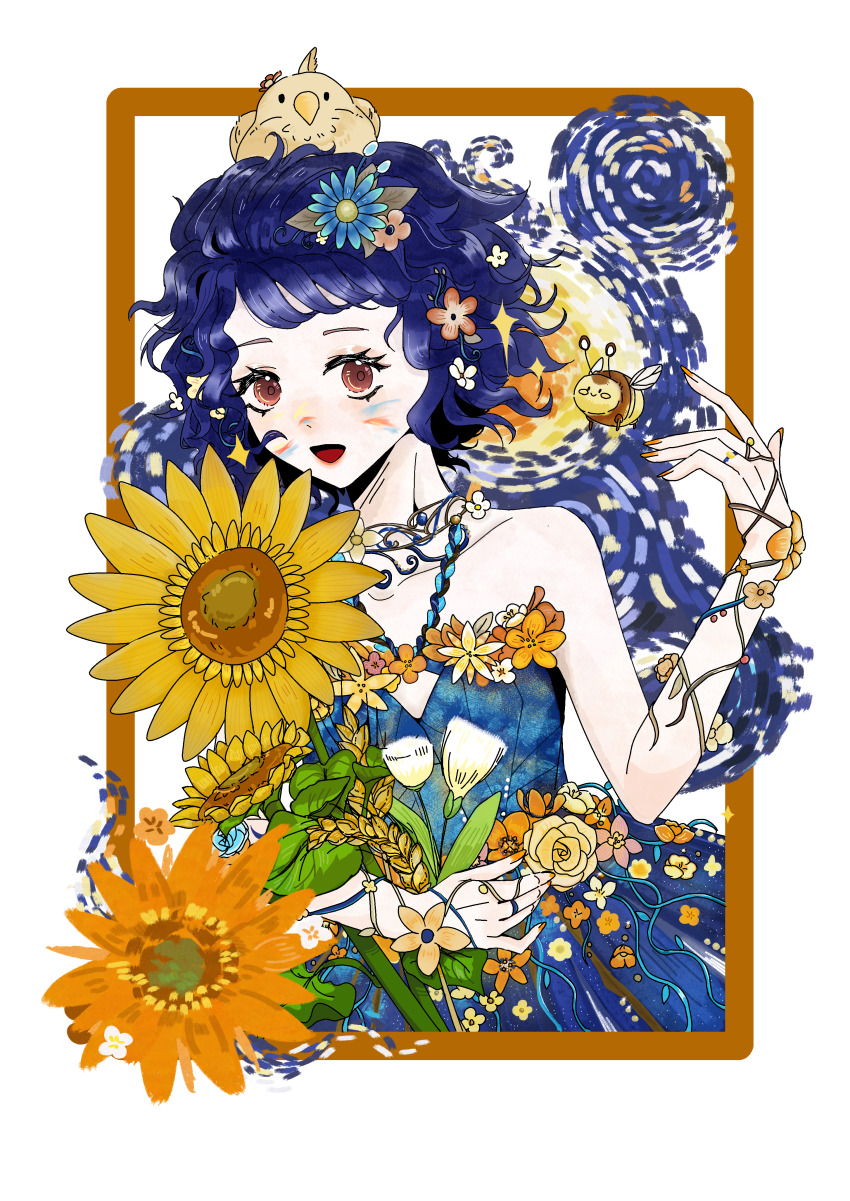 1girl, absurdres, animal, animal_on_head, arm_ribbon, bare_shoulders, bee, bird