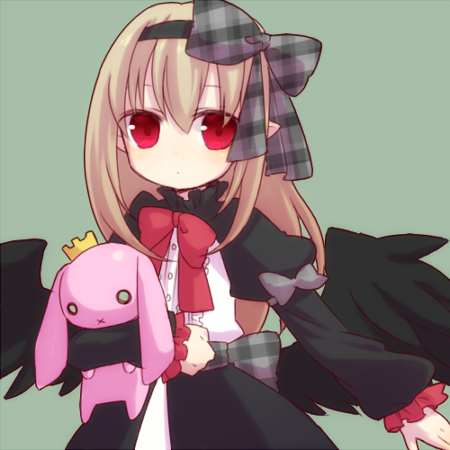 1girl, black_dress, black_hairband, black_ribbon, black_wings, blonde_hair, dark_feather_alma, dress