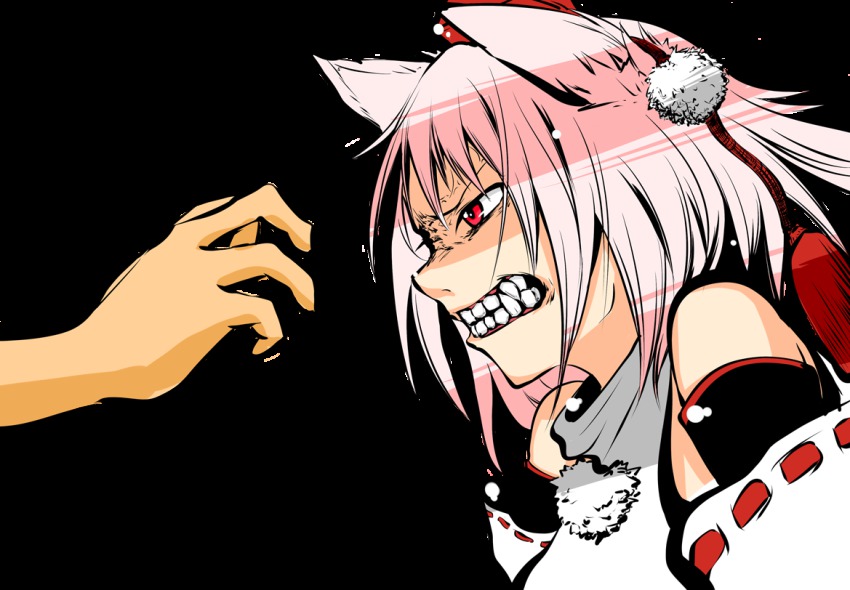 1girl, a.f.o, angry, animal_ears, bare_shoulders, clenched_teeth, detached_sleeves, fangs