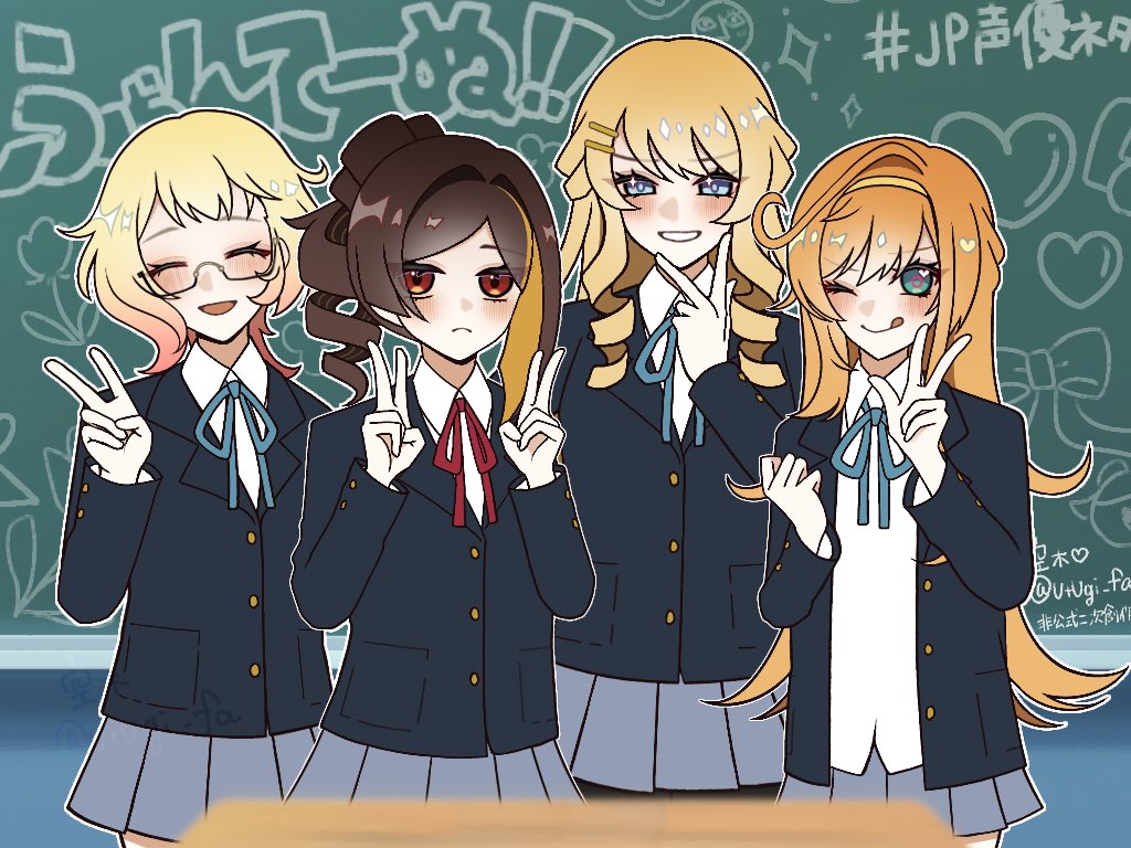 4girls, :d, ;q, akiyama_mio, akiyama_mio_(cosplay), alternate_costume, blazer, blonde_hair