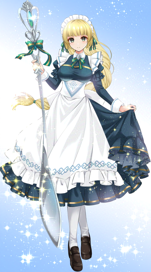 1girl, apron, blonde_hair, blue_dress, blush, bow, breasts, closed_mouth