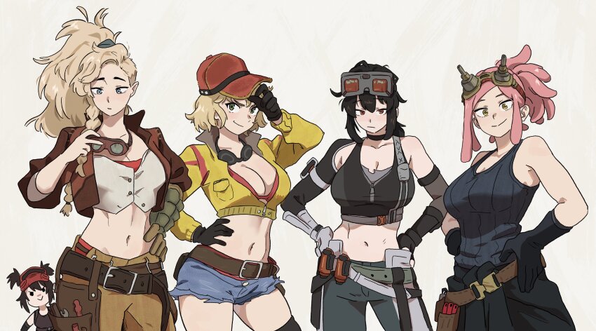 5girls, :>, absurdres, bdsm, black_choker, black_gloves, black_hair, black_pants, blonde_hair, blue_shorts, boku_no_hero_academia, bondage, bound, breasts, brown_gloves, brown_pants, choker, cidney_aurum, cleavage, closed_mouth, collarbone, commentary, crossover, dashi_(dashiart), female_focus, final_fantasy, final_fantasy_xv, fortnite, gemma_(monster_hunter_wilds), gloves, goggles, goggles_around_neck, goggles_on_head, grace_howard, green_eyes, green_pants, grey_background, hands_on_own_hips, hat, hatsume_mei, highres, large_breasts, looking_at_viewer, medium_hair, midriff, monster_hunter_(series), monster_hunter_wilds, multiple_girls, navel, pants, pink_hair, red_eyes, red_hat, short_hair, shorts, single_glove, smile, untranslatable_commentary, the_machinist_(fortnite), trait_connection, yellow_eyes, zenless_zone_zero