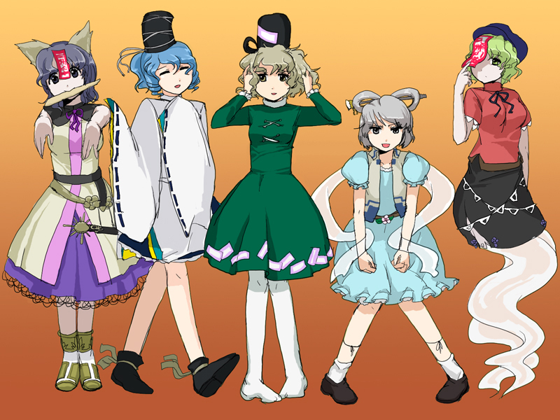 5girls, bad_id, bad_pixiv_id, blue_eyes, blue_hair, brown_eyes, brown_hair, cosplay