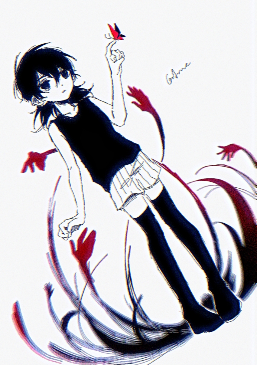 1girl, black_eyes, black_hair, black_tank_top, black_thighhighs, collarbone, gaks030, genderswap