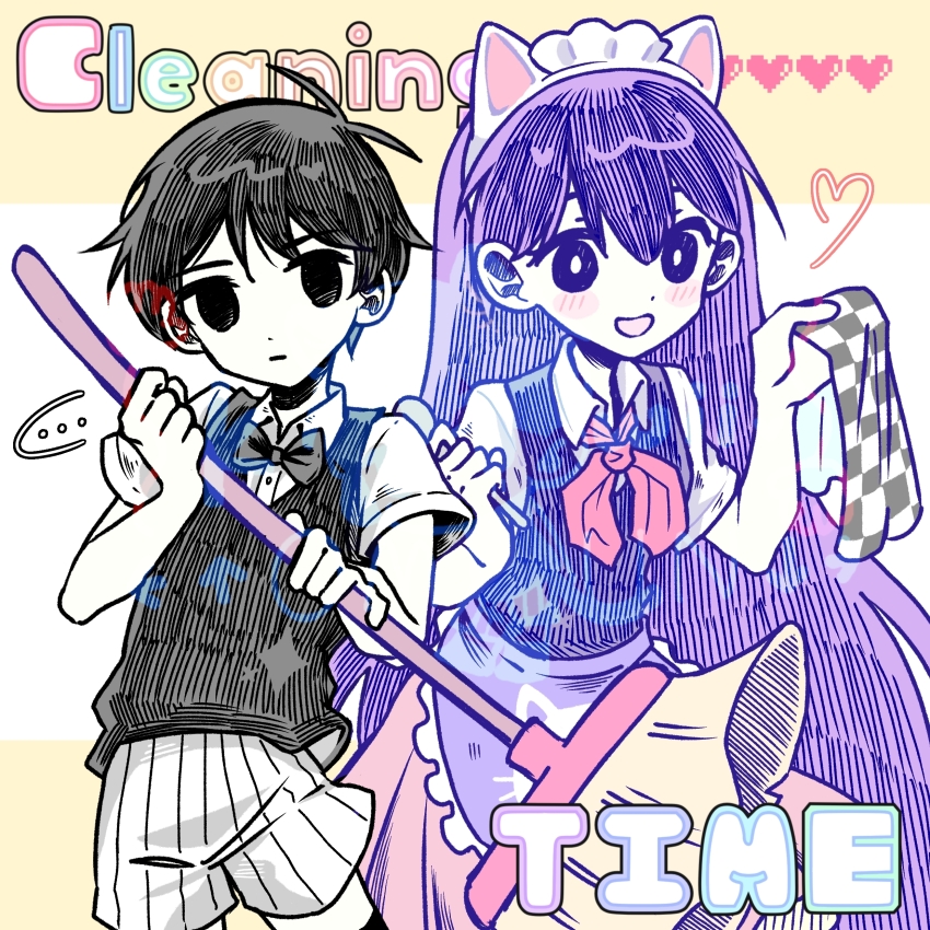 ..., 1boy, 1girl, absurdres, animal_ears, antenna_hair, apron, black_bow