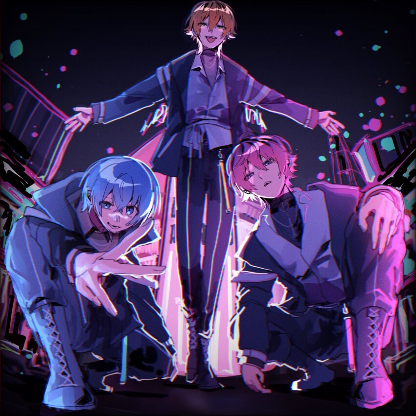 3boys, black_jacket, blue_eyes, blue_hair, colon_(stpri), foreshortening, from_below, full_body