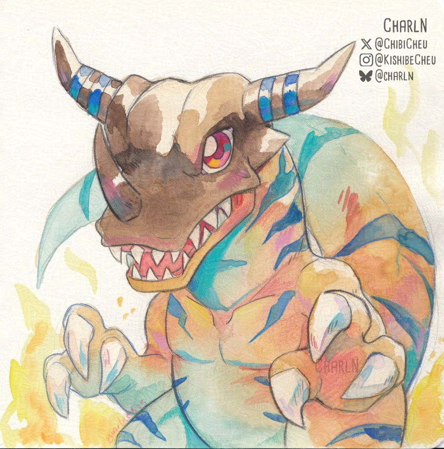 chibicheu, cowboy_shot, digimon, digimon_(creature), dinosaur, fire, horns, no_humans