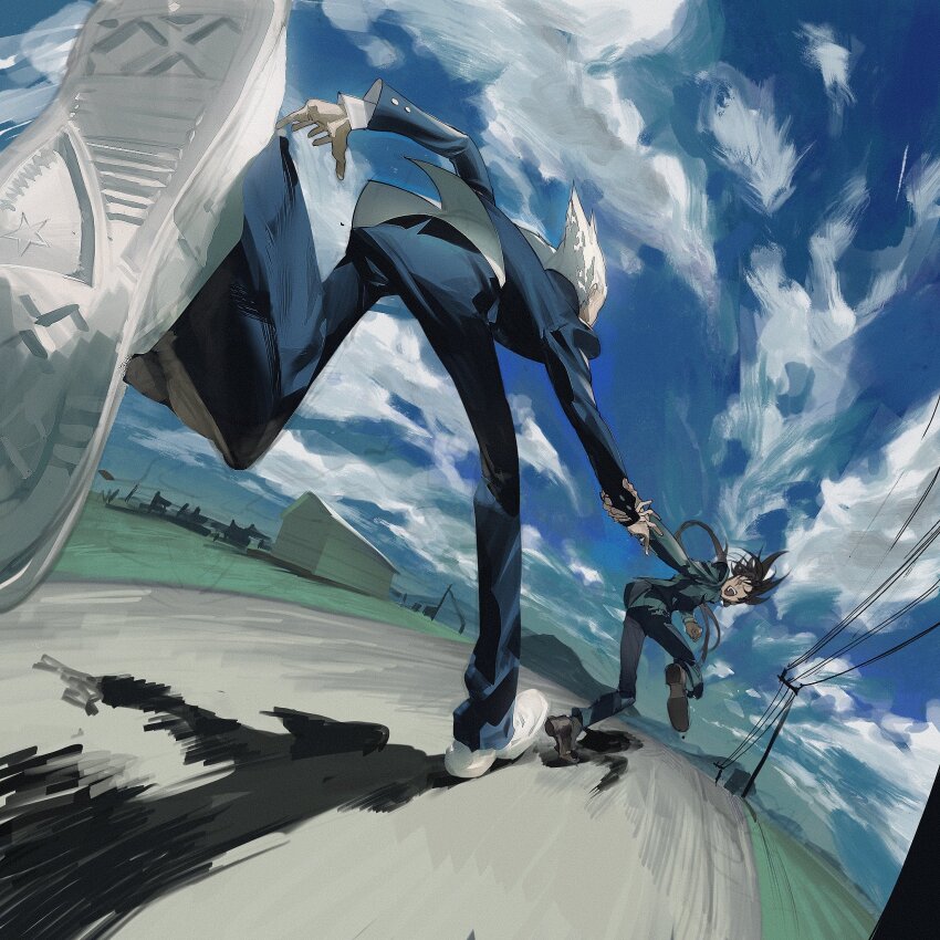 2boys, black_jacket, black_pants, blue_sky, brown_hair, brown_shoes, cloud, cloudy_sky, day, foreshortening, from_below, gakuran, garou_(one-punch_man), green_jacket, green_pants, highres, holding_another's_wrist, humanfly691122, jacket, long_hair, looking_at_another, multiple_boys, one-punch_man, open_mouth, outdoors, outstretched_arm, pants, pointy_hair, ponytail, running, school_uniform, shoe_soles, shoes, sky, smile, suiryuu_(one-punch_man), white_hair, white_shoes