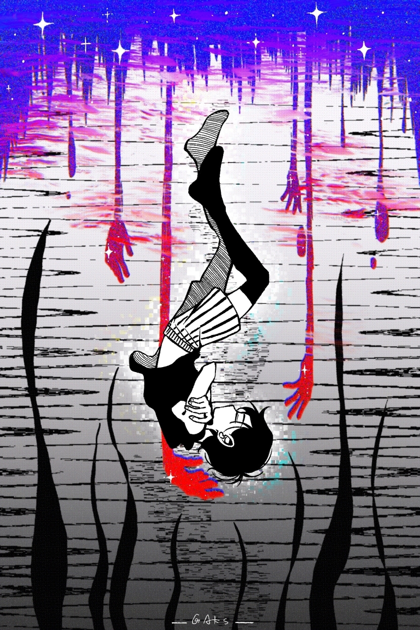 1boy, black_hair, black_tank_top, black_thighhighs, closed_eyes, colored_skin, crossed_arms, gaks030