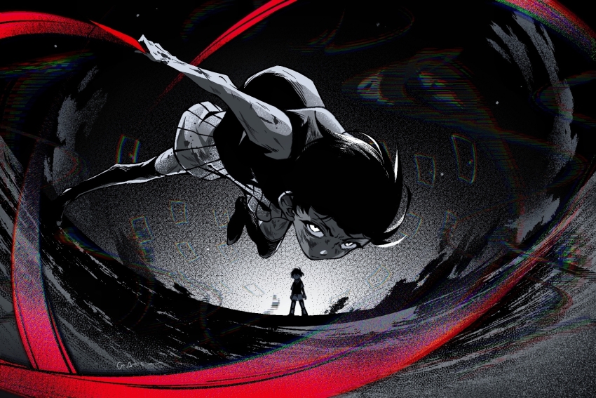 2boys, black_hair, black_tank_top, black_thighhighs, closed_mouth, colored_skin, door, expressionless