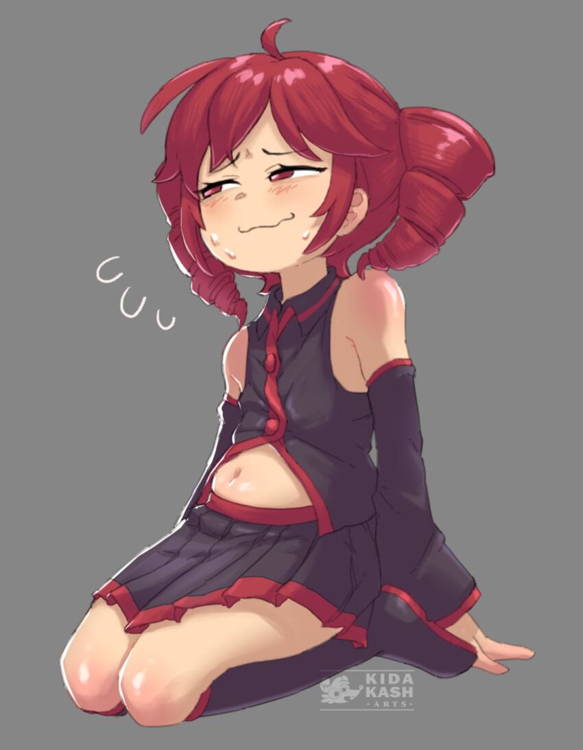 1girl, ahoge, averting_eyes, black_sleeves, blush, detached_sleeves, drill_hair, from_below