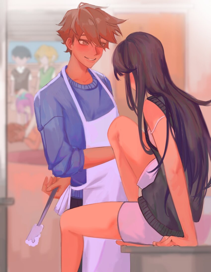 2girls, 4boys, :d, absurdres, aegyo_sal, alternate_costume, apron, aqua_hairband