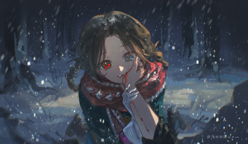 2girls, absurdres, aima_(reverse:1999), artist_name, biting, biting_another's_hand, blood, blood_on_hands, blue_eyes, braid, braided_hair_rings, brown_hair, corvus_(reverse:1999), dated, fangs, forest, green_jacket, hair_rings, hand_on_another's_cheek, hand_on_another's_face, heterochromia, highres, jacket, multiple_girls, nature, night, outdoors, pov, pov_hands, red_eyes, red_scarf, reverse:1999, scarf, signature, snow, snowing, solo_focus, stitched_arm, stitches, tearing_up, tree, vampire, xiaoji_chuangzao