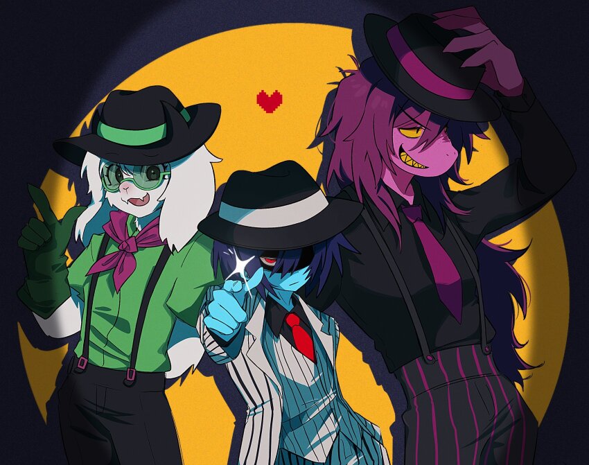 1boy, 1girl, 1other, animal_ears, black_hat, black_shirt, blue_hair, blue_skin