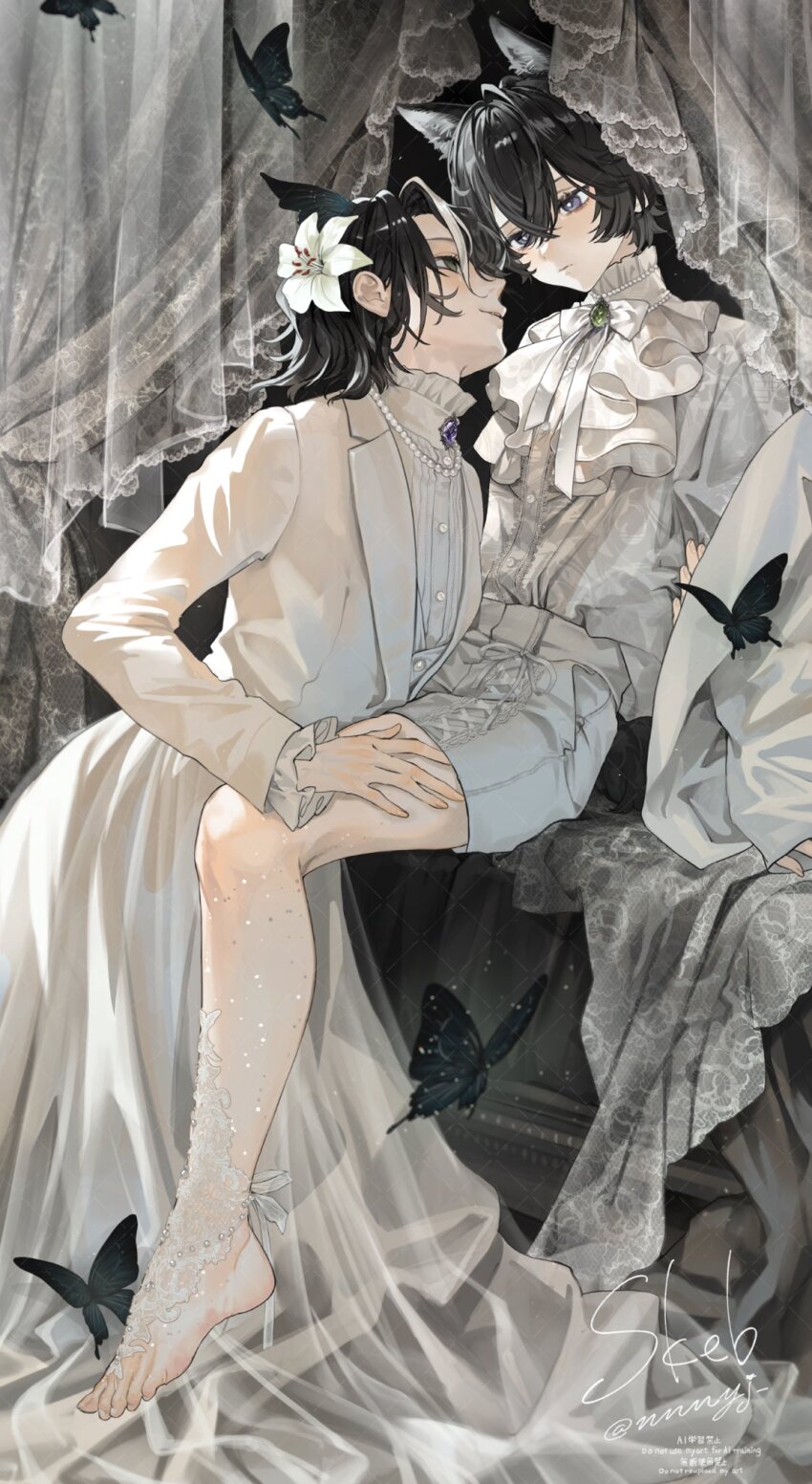 2boys, animal_ears, ascot, barefoot, bishounen, black_hair, bug, butterfly