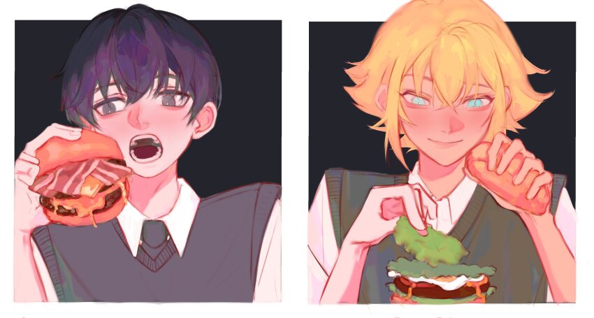 2boys, absurdres, aegyo_sal, bacon, basil_(faraway)_(omori), basil_(omori), black_background, black_eyes