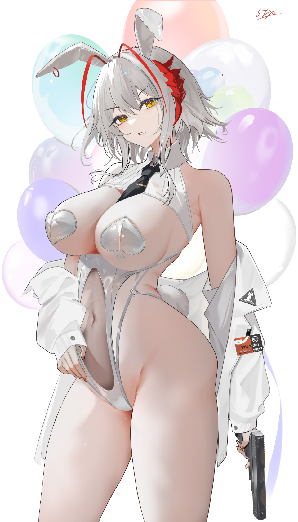 1girl, animal_ears, antenna_hair, arknights, armpit_crease, artist_name, balloon, bare_shoulders