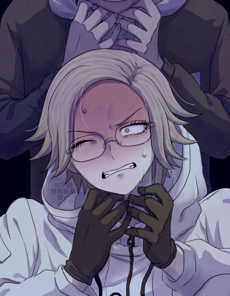 2boys, aotsuki_eito, asphyxiation, black_gloves, commentary, glasses, gloves, grey_eyes