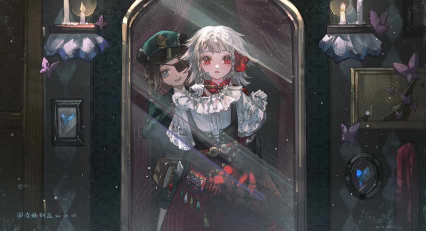 2girls, :d, :o, absurdres, aima_(reverse:1999), artist_name, black_corset, blue_eyes