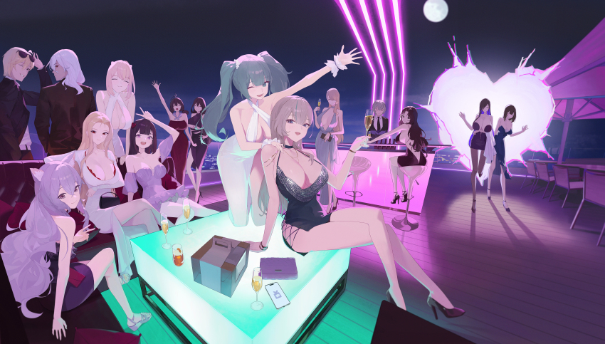 2boys, 6+girls, absurdres, alcohol, animal_ears, bag, bar_stool, black_dress, black_necktie, black_suit, blonde_hair, breasts, brown_dress, brown_dust_(series), brown_dust_2, brown_hair, cat_ears, celia_(brown_dust), cellphone, champagne, cleavage, closed_eyes, closed_mouth, coffee_table, cup, diana_(brown_dust), dress, drinking_glass, eclipse_(brown_dust), eyebrows_hidden_by_hair, eyewear_on_head, formal_clothes, from_behind, from_side, full_body, gray_(brown_dust), green_eyes, grey_dress, grey_hair, hair_between_eyes, hand_in_pocket, handbag, high_heels, highres, justia_(brown_dust), large_breasts, lathel_(brown_dust), levia_(brown_dust), loen_(brown_dust), long_hair, looking_at_viewer, medium_breasts, medium_hair, moon, mother_and_child, mother_and_daughter, multiple_boys, multiple_girls, nebris_(brown_dust), necktie, olivier_(brown_dust), one_eye_closed, open_mouth, parent_and_child, pastry_box, peihan21, phone, purple_dress, purple_eyes, purple_hair, red_eyes, rou_(brown_dust), scheherazade_(brown_dust), shadow, ship_deck, short_hair, sitting, small_horns, smile, stiletto_heels, stool, strapless, strapless_dress, suit, sunglasses, table, twintails, v, veila_(brown_dust), venaka_(brown_dust), waving, white_dress, white_hair, wilhelmina_(brown_dust), wine_glass, winter_uniform