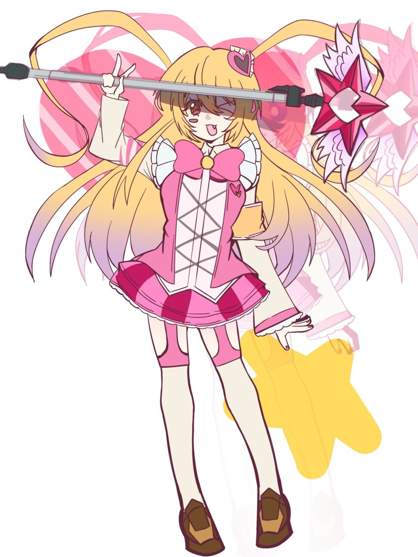 >_o, 1girl, :d, armband, blonde_hair, bow, bowtie, brown_shoes