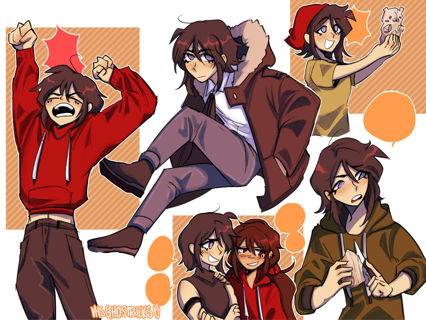 2girls, alternate_costume, arms_up, artist_name, blank_speech_bubble, blush, brown_coat, brown_hair