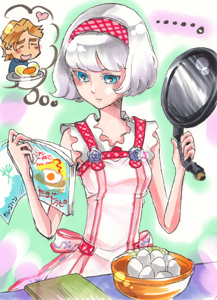..., 10s, 1boy, 1girl, apron, bare_shoulders, blue_eyes, bob_cut, cis_(tiger_&amp;_bunny), cooking, cronucia, dress, egg, frying_pan, hairband, keith_goodman, reading, short_hair, skinny, speech_bubble, thought_bubble, tiger_&amp;_bunny, white_hair