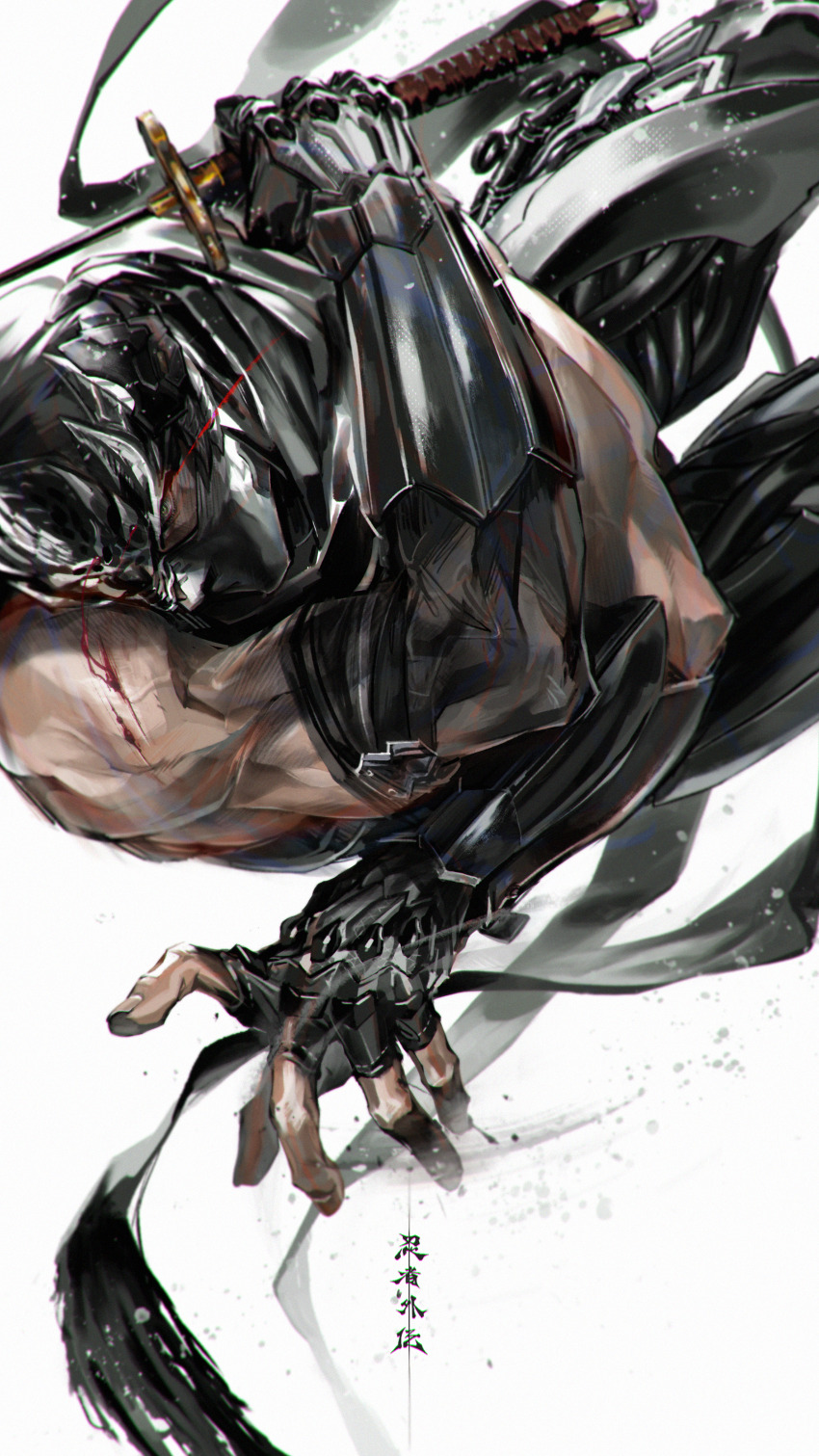 1boy, absurdres, arm_guards, armor, bare_shoulders, black_gloves, black_scarf, bleeding