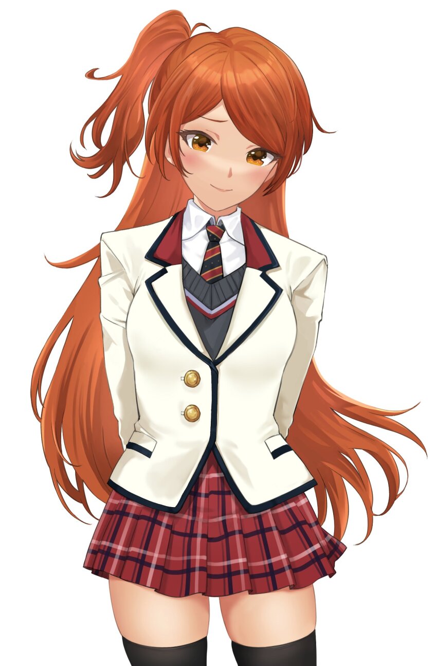 1girl, aged_up, alternate_costume, arms_behind_back, black_thighhighs, blazer, blush, closed_mouth