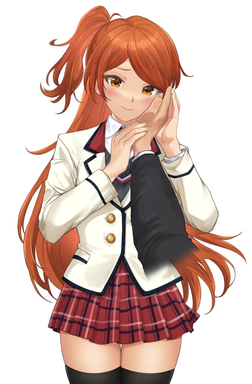 1boy, 1girl, aged_up, alternate_costume, black_thighhighs, blazer, blush, closed_mouth