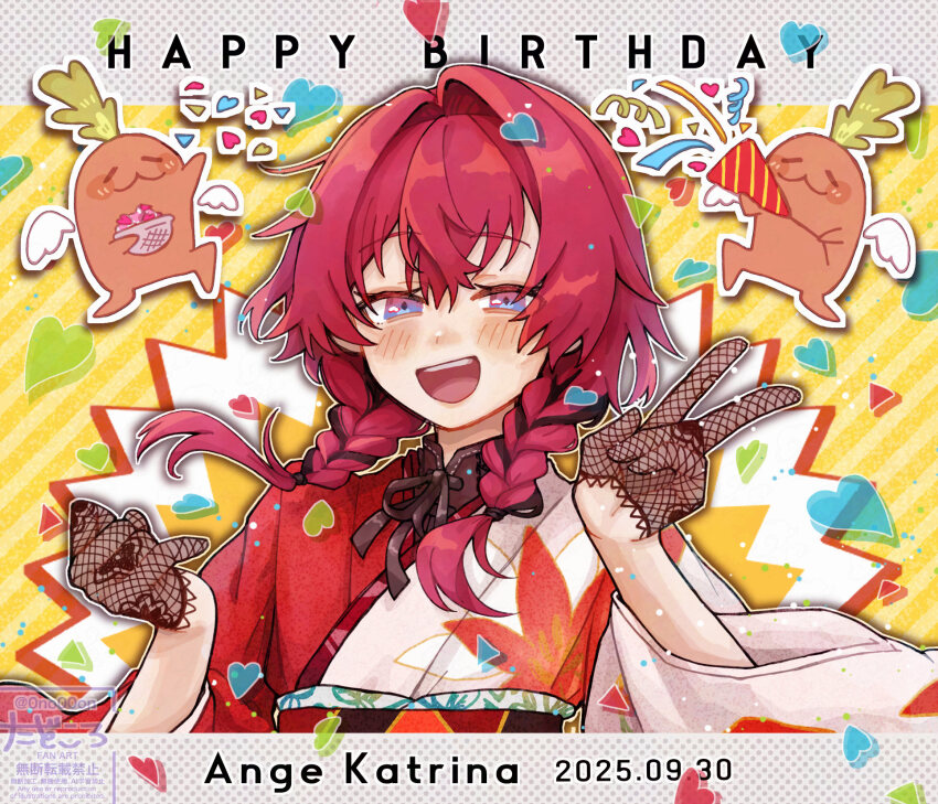 0no00on, 1girl, :3, :d, ange_katrina, ange_katrina_(new_year), ben-day_dots, black_gloves, black_hair, blue_eyes, blush, braid, character_name, commentary, commentary_request, confetti, dated, english_commentary, english_text, floral_print, floral_print_gloves, floral_print_kimono, gloves, hair_between_eyes, hair_intakes, hair_over_shoulder, hands_up, happy_birthday, heart, highres, holding, holding_party_popper, japanese_clothes, kimono, lace, lace_gloves, long_hair, looking_at_viewer, low_twin_braids, mandragora, mandragora_(ange_katrina), mixed-language_commentary, multicolored_eyes, multicolored_hair, nijisanji, open_mouth, party_popper, print_kimono, purple_eyes, red_hair, red_kimono, screentones, see-through_clothes, see-through_gloves, smile, streaked_hair, striped_background, teeth, throwing, throwing_confetti, twin_braids, two-tone_eyes, two-tone_hair, two-tone_kimono, upper_body, upper_teeth_only, v, virtual_youtuber, watermark, white_kimono, yellow_background