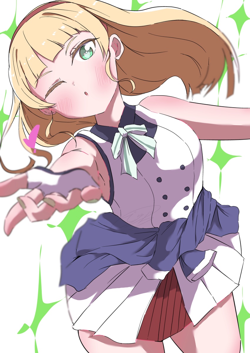 1girl, ;o, absurdres, blonde_hair, blurry, blurry_foreground, blush, breasts