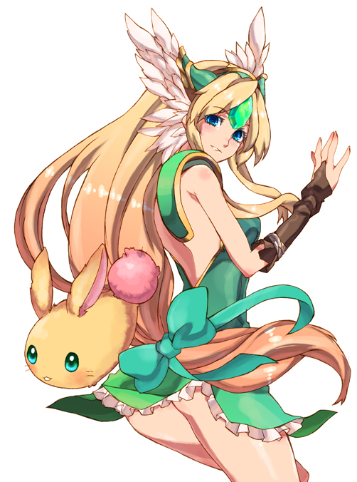 1girl, bad_anatomy, bad_id, bad_pixiv_id, blonde_hair, blue_eyes, bow, bridal_gauntlets, dress, female_focus, frills, hair_bow, helmet, long_hair, looking_back, low-tied_long_hair, rabite_(seiken_densetsu), riesz, seiken_densetsu, seiken_densetsu_3, shoulder_pads, simple_background, solo, tamiya_surume, winged_helmet