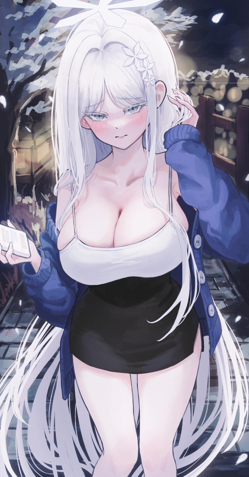 1girl, absurdres, alternate_costume, black_skirt, blue_archive, breasts, casual, cleavage, colored_eyelashes, grey_eyes, hair_ornament, halo, highres, large_breasts, long_sleeves, nagusa_(blue_archive), skirt, snowflake_hair_ornament, snowflake_halo, solo, sxrxri_a, white_eyelashes