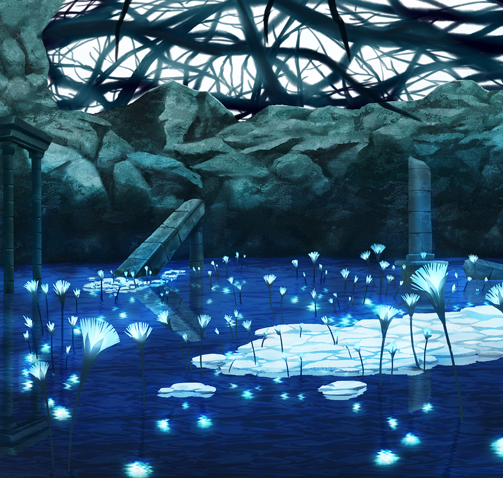 blue_flower, column, commentary_request, dark_souls_(series), dark_souls_ii, flower, glowing_plants, in-universe_location