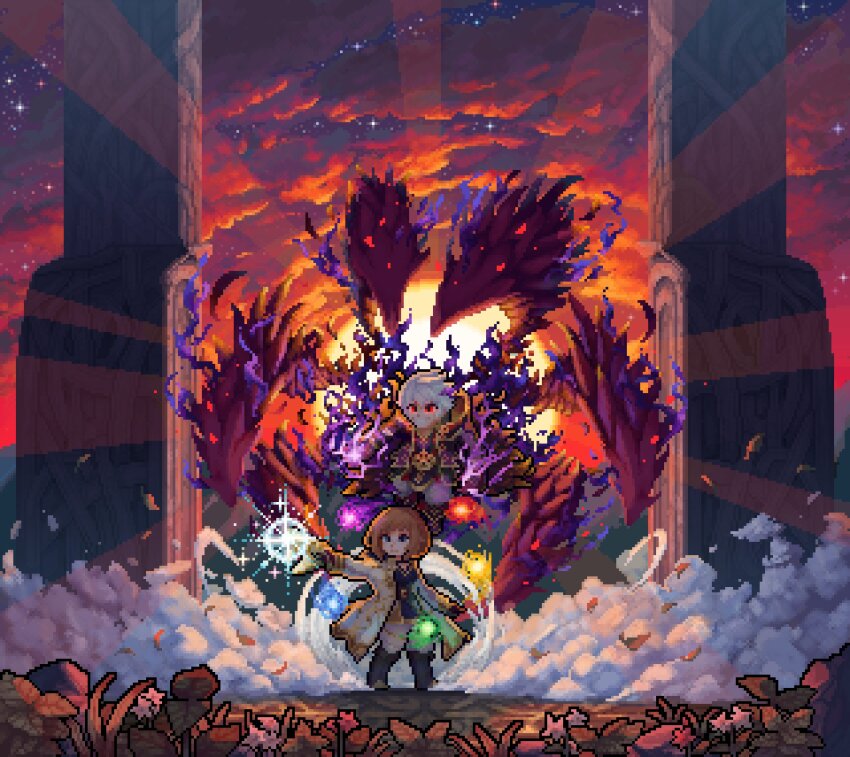 1boy, 1girl, absurdres, aura, black_cloak, breidablik_(fire_emblem), brown_hair, cloak, cloud, commission, female_kiran_(fire_emblem), female_kiran_(fire_emblem)_(evomanaphy), fighting_stance, fire_emblem, fire_emblem_heroes, floating, glowing, glowing_eyes, grass, gun, highres, holding, holding_gun, holding_weapon, kiran_(fire_emblem), male_robin_(fire_emblem), male_robin_(grima)_(fire_emblem), male_robin_(grima)_(resplendent)_(fire_emblem), medium_hair, nintendo, official_alternate_costume, outdoors, pixel_art, red_eyes, riri_5364, sunset, weapon, white_cloak, white_hair, wings