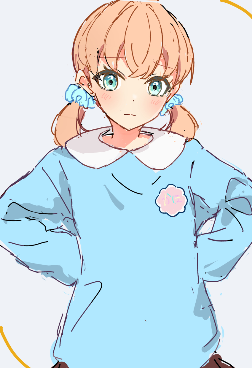 1girl, absurdres, alternate_costume, blue_shirt, blush, collared_shirt, commentary_request, contrast_collar, hands_on_own_hips, highres, hinoshita_kaho, kindergarten_uniform, light_smile, link!_like!_love_live!, long_sleeves, looking_at_viewer, love_live!, low_twintails, medium_hair, mika_yui, name_tag, rounded_collar, shirt, simple_background, solo, twintails, upper_body, virtual_youtuber, white_background