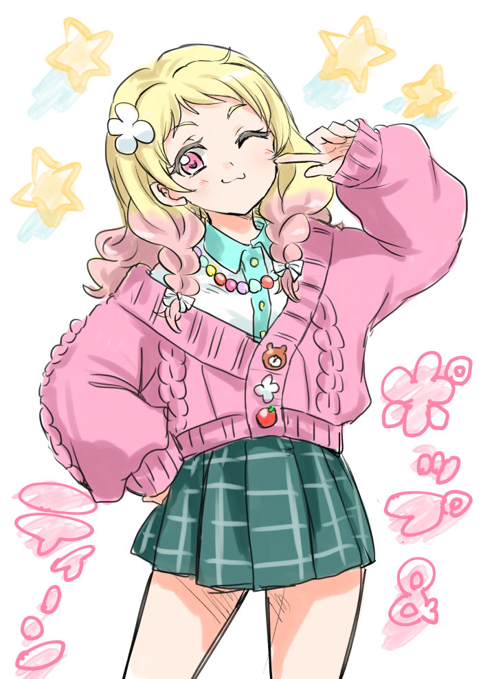 1girl, ;3, aqua_skirt, blonde_hair, blue_shirt, braid, cardigan, closed_mouth