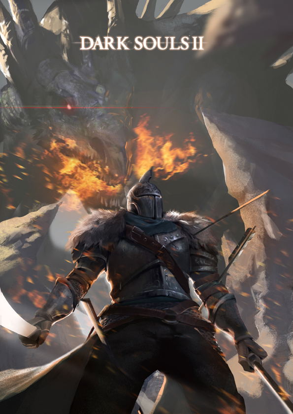 1other, ambiguous_gender, ancient_dragon_(dark_souls), arrow_(projectile), bearer_of_the_curse, belt, black_gloves, black_pants, breath_weapon, breathing_fire, brown_belt, commentary, copyright_name, dark_souls_(series), dark_souls_ii, dragon, dual_wielding, fire, fur_collar, gloves, helm, helmet, holding, holding_sword, holding_weapon, other_focus, pants, solo, sword, weapon, yinwoeren