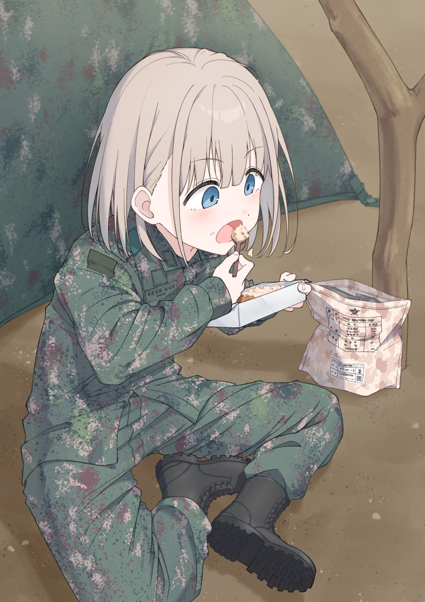 1girl, absurdres, amama_(pcnk4878), bare_tree, black_boots, blue_eyes, blush, boots