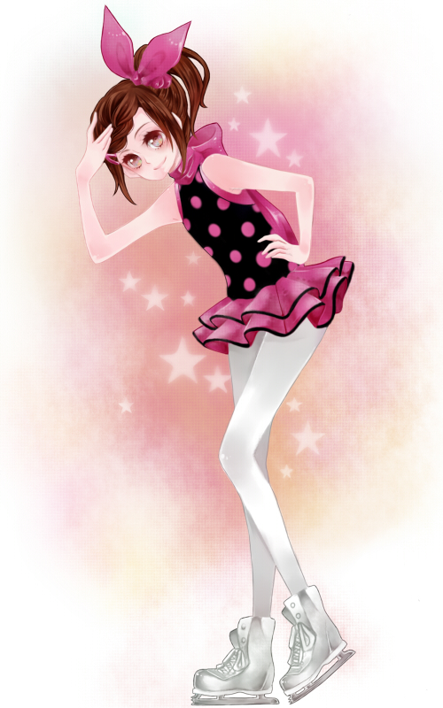 10s, 1girl, arichel, bad_id, bad_pixiv_id, bare_shoulders, bow, braid, braided_bangs, brown_eyes, brown_hair, female_focus, full_body, gradient_background, hair_bow, hair_ornament, hairclip, ice_skates, kaburagi_kaede, leotard, pantyhose, side_ponytail, skates, solo, tiger_&amp;_bunny, white_background, white_pantyhose