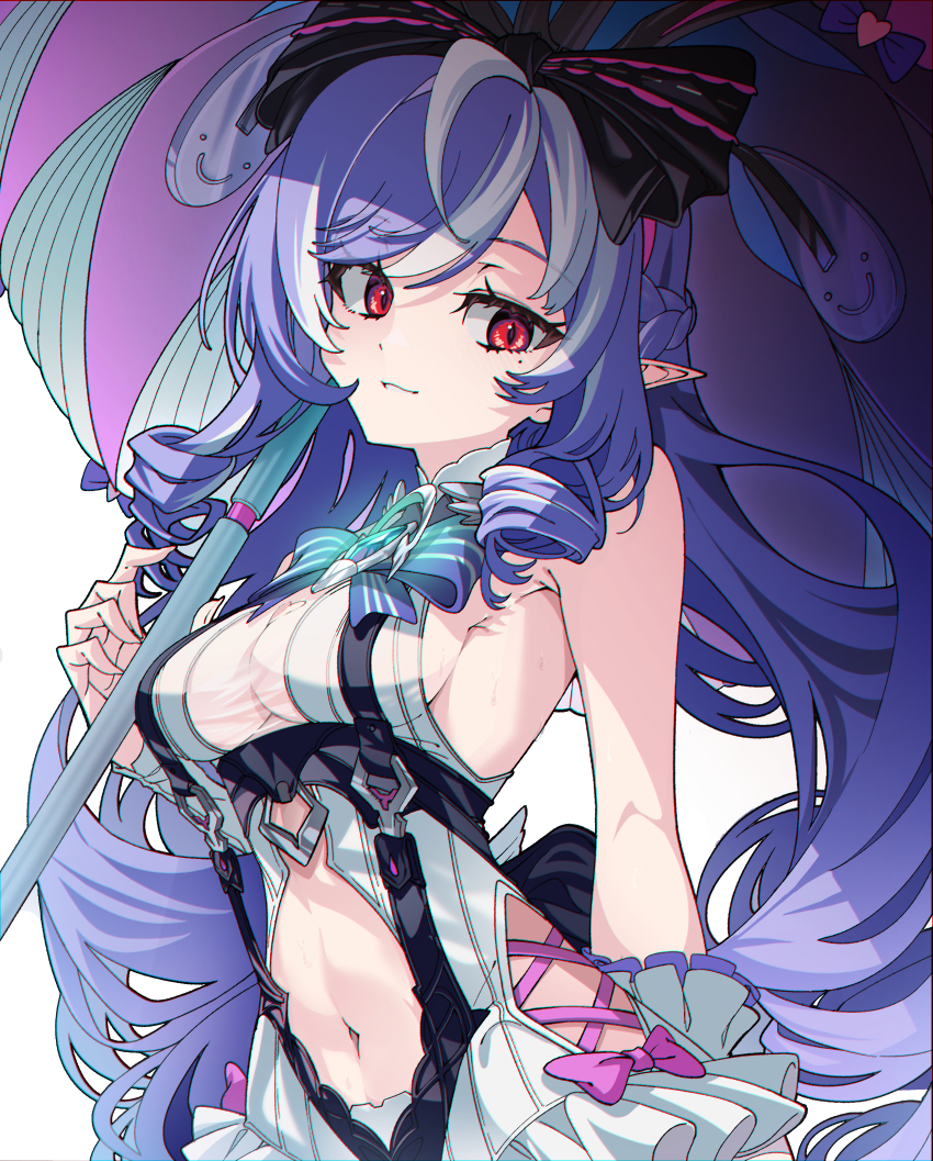 1girl, absurdres, bare_shoulders, black_bow, bow, bowtie, breakdiamond, breasts, drill_hair, frilled_wrist_cuffs, frills, gem, hair_ribbon, highres, holding, holding_umbrella, long_hair, mole, mole_under_eye, navel, pink_bow, pointy_ears, purple_bow, purple_bowtie, purple_gem, purple_hair, purple_umbrella, red_eyes, ribbon, sideboob, smile, solo, swimsuit, teeth, umbrella, vivian_banshee, vivian_banshee_(iris_of_the_shore), white_background, wrist_cuffs, zenless_zone_zero