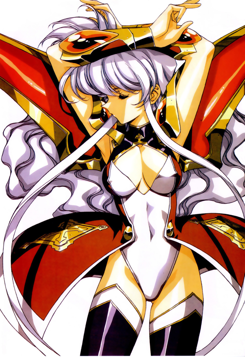 1990s_(style), 1girl, absurdres, arms_up, bracer, breasts, claret_(langrisser), closed_eyes