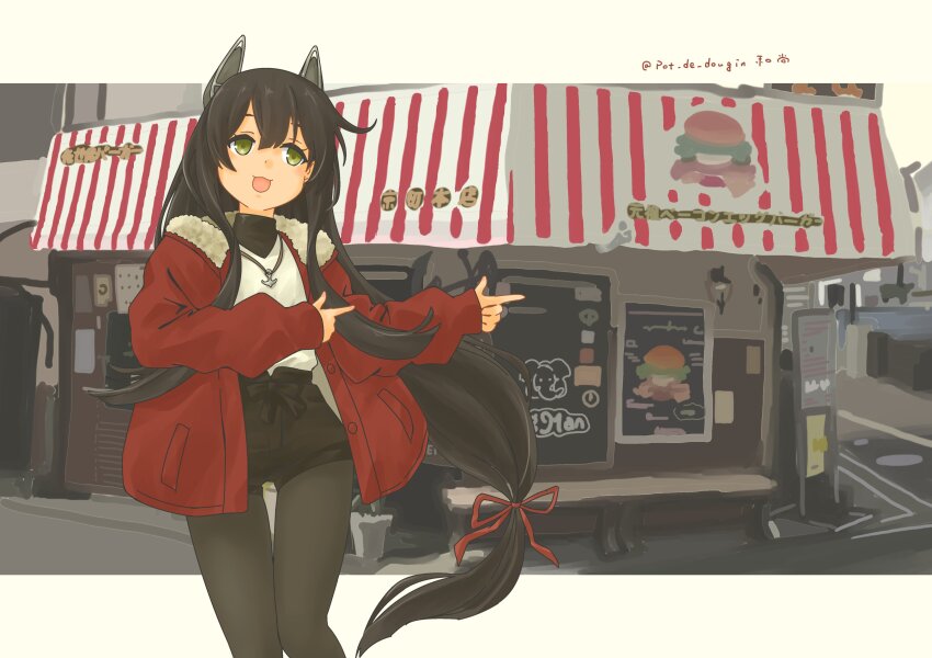 1girl, absurdres, black_hair, black_pantyhose, burger, day, food, green_eyes