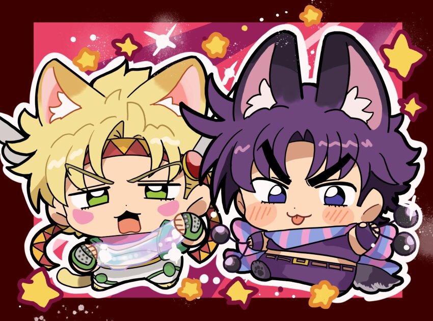2boys, animal_ears, battle_tendency, blonde_hair, blush, caesar_anthonio_zeppeli, cat_boy, cat_ears