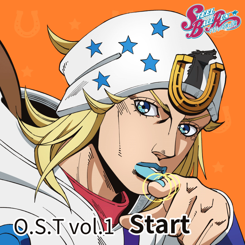 1boy, absurdres, anime_coloring, araki_hirohiko_(style), beanie, blonde_hair, blue_eyes, blue_lips