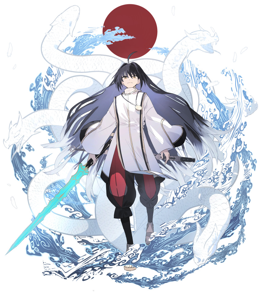 1other, absurdres, ahoge, amenomurakumo-no-tsurugi_(fate), black_hair, brown_eyes, commentary_request, divine_water_(fate)