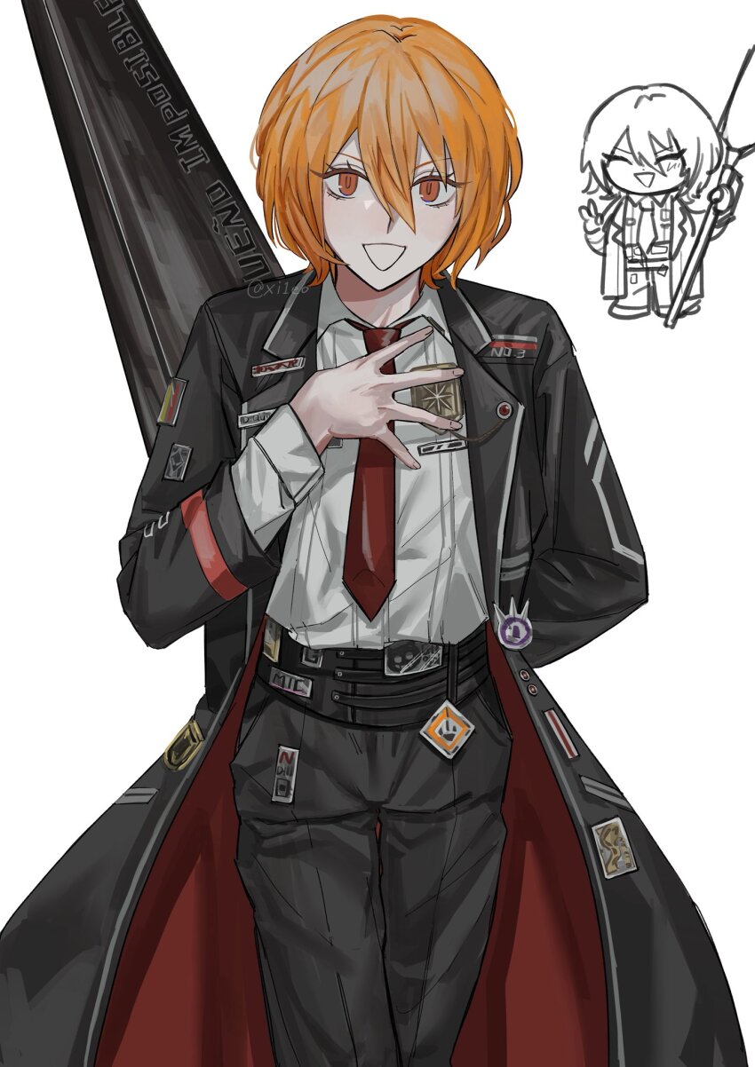 androgynous, chibi, coat, collared_shirt, don_quixote_(project_moon), fushimi_arata, highres, holding, holding_behind_back, holding_polearm, holding_weapon, holding_weapon_behind_back, knees_out_of_frame, lance, limbus_company, looking_at_viewer, neck, necktie, orange_eyes, orange_hair, pants, pin, polearm, project_moon, shirt, smile, teeth, weapon, white_shirt
